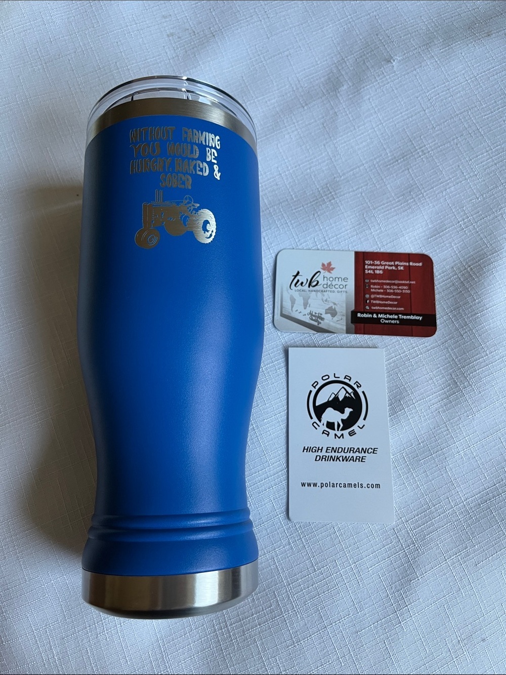 Polar Camel Blue Insulated Tumbler
“Without FARMERS” saying on side
Double wall